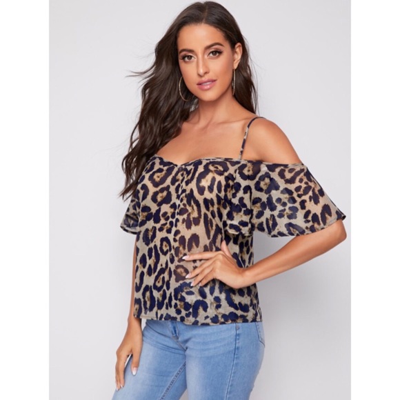 1 XL LEFT! Leopard Cold Shoulder Top Blouse Shirt - Picture 5 of 12